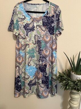 Paisley Patchwork Short Sleeve Dress in Navy, Teal & Cream